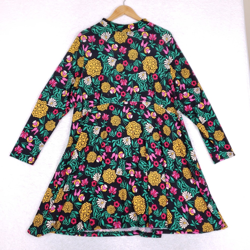 LabelBe Floral Dress Womens 2X Retro 70s Mod Style Psychedelic Long Sleeve Black